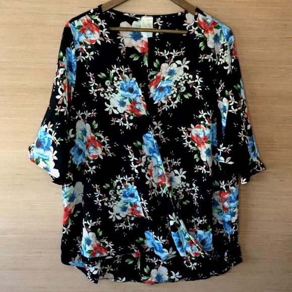 Bonded Tops - Bonded Floral Cross Over Hi Low Bell Sleeve Top 2X